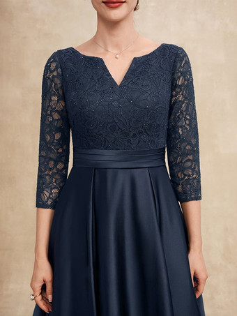 マザードレス Vネック 7分袖 Aライン レース ゲストドレス 結婚式用