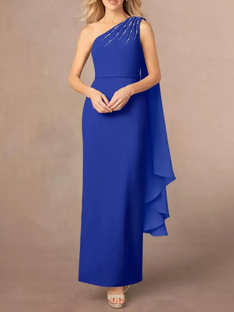 ロイヤルブルーアシンメトリーな花嫁の母親ドレス スパンコール ワンショルダー マキシ パーティードレス