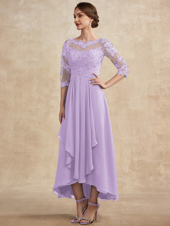 ライラック花嫁の母親のためのパーティードレス ジュエルネック 3/4 丈スリーブ A ライン レース ゲストドレス 結婚式用