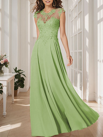 ライトグリーン 花嫁の母親のためのパーティードレス ジュエルネック ロングスリーブ フロアレングス Aライン ゲストドレス 結婚式用