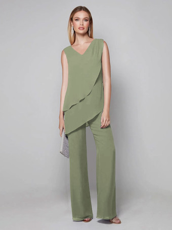 ライトグリーン パーティードレス 花嫁の母用 Vネック ノースリーブ ジャンプスーツ 床までの長さのゲストドレス 結婚式用