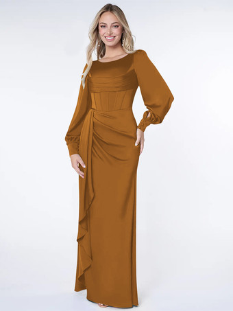 アンバー花嫁の母のためのパーティードレス ボンド ロングスリーブ ボールガウン プリーツ ゲストドレス 結婚式用