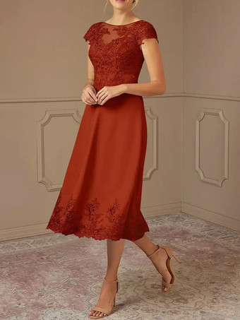 オーバーン花嫁の母のドレス レース装飾 ケープスリーブ ティーレングス ウェディングパーティードレス