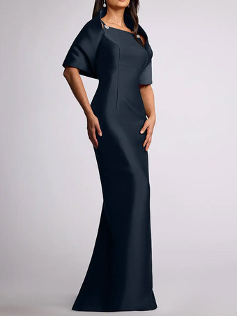 ダークネイビーウェディングゲストドレス ビーズ付き フロアレングス マザーオブバードドレス 取り外し可能なケープ付き