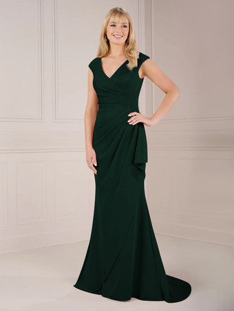 エメラルド 花嫁の母親のためのパーティードレス Vネック ノースリーブ ボールガウン プリーツ トレーン付き ウェディングゲストドレス