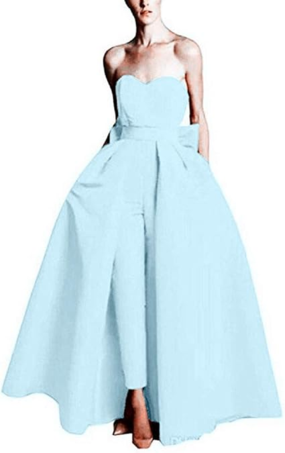 スカイブルー イブニングドレスA ラインストラップレスノースリーブジッパー弓サテン生地レッドフォーマルドレス結婚式のゲストドレス