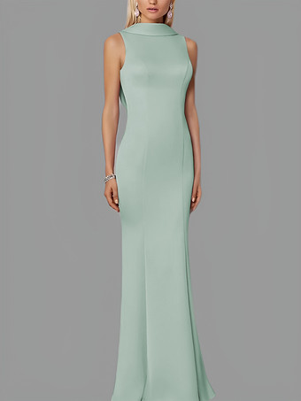 ライトグリーン イブニングドレス マーメイド ハイカラー ストレッチクレープ マキシレングスボタン フォーマルパーティードレス