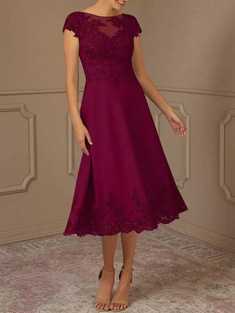 花嫁の母のドレス レース装飾 ケープスリーブ ティーレングス ウェディングパーティードレス