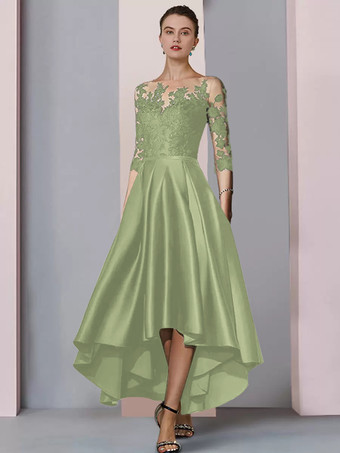 ライトグリーン ブライダルマザードレス ジュエルネック 3/4丈スリーブ Aライン レース ティー丈 ゲストドレス 結婚式用