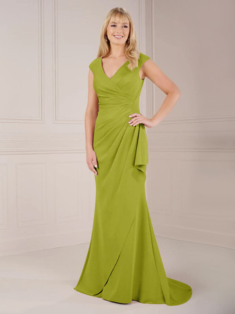 黄緑色花嫁の母親のためのパーティードレス Vネック ノースリーブ ボールガウン プリーツ トレーン付き ウェディングゲストドレス