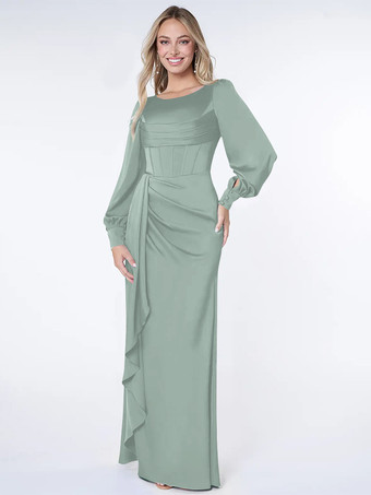 セージグリーン花嫁の母のためのパーティードレス ボンド ロングスリーブ ボールガウン プリーツ ゲストドレス 結婚式用