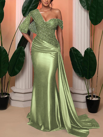 ライトグリーン エレガントなマーメイド トレーン付き ワンショルダー カクテルドレス