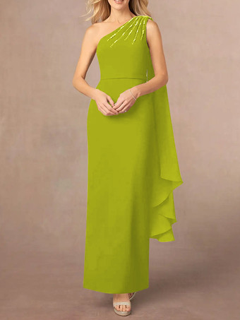 黄緑色アシンメトリーな花嫁の母親ドレス スパンコール ワンショルダー マキシ パーティードレス