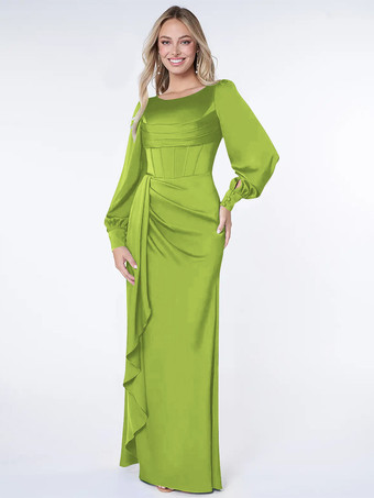 アボカドグリーン花嫁の母のためのパーティードレス ボンド ロングスリーブ ボールガウン プリーツ ゲストドレス 結婚式用