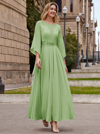 ライトグリーン 花嫁の母親のためのパーティードレス ジュエルネック ハーフスリーブ Aライン 足首丈 ウェディングゲストドレス