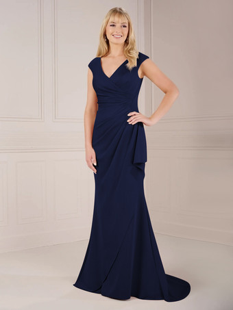 ダークネイビー花嫁の母親のためのパーティードレス Vネック ノースリーブ ボールガウン プリーツ トレーン付き ウェディングゲストドレス