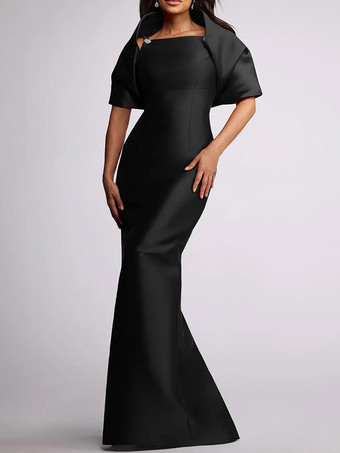 ブラックウェディングゲストドレス ビーズ付き フロアレングス マザーオブバードドレス 取り外し可能なケープ付き