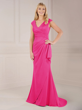 ローズレッド花嫁の母親のためのパーティードレス Vネック ノースリーブ ボールガウン プリーツ トレーン付き ウェディングゲストドレス