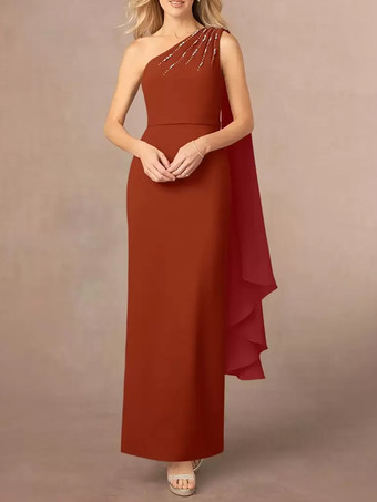 ブリックレッドアシンメトリーな花嫁の母親ドレス スパンコール ワンショルダー マキシ パーティードレス