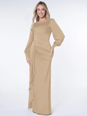 シャンパン花嫁の母のためのパーティードレス ボンド ロングスリーブ ボールガウン プリーツ ゲストドレス 結婚式用