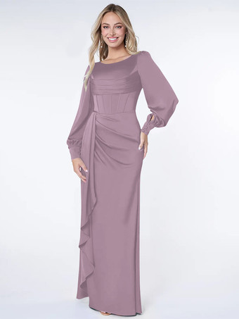 ピンク花嫁の母のためのパーティードレス ボンド ロングスリーブ ボールガウン プリーツ ゲストドレス 結婚式用