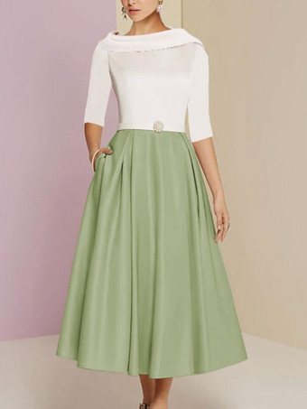 ライトグリーン マザードレス バトーネック 7分袖 Aライン サッシュ アンクル丈 ウェディングゲストドレス 無料カスタマイズ