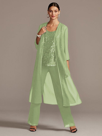 ライトグリーン ブライダルマザードレス3ピースセットジュエルネック3/4レングススリーブAラインスパンコールロングウェディングゲスト衣装