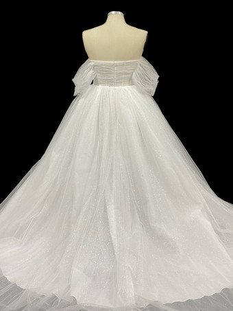 レース ウェディングドレス トレイン プリンセス シルエット 半袖 チュール ストラップレス ブライダルドレス