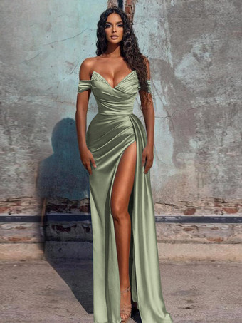 アボカドグリーンイブニングドレス シース Vネック サテン生地 フロアレングス フォーマルディナードレス