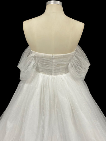 レース ウェディングドレス トレイン プリンセス シルエット 半袖 チュール ストラップレス ブライダルドレス