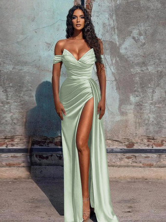 パステルグリーンイブニングドレス シース Vネック サテン生地 フロアレングス フォーマルディナードレス