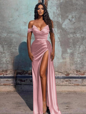 ピンクイブニングドレス シース Vネック サテン生地 フロアレングス フォーマルディナードレス