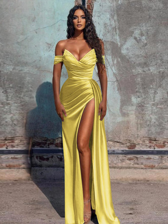 バニラクリームイブニングドレス シース Vネック サテン生地 フロアレングス フォーマルディナードレス