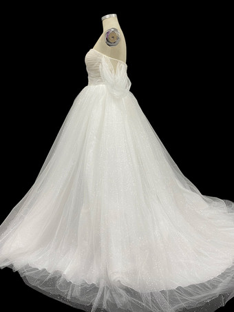 レース ウェディングドレス トレイン プリンセス シルエット 半袖 チュール ストラップレス ブライダルドレス