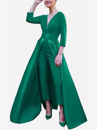 グリーン イブニングドレス Aライン Vネック サテン生地 マキシレングス リボン フォーマルパーティードレス