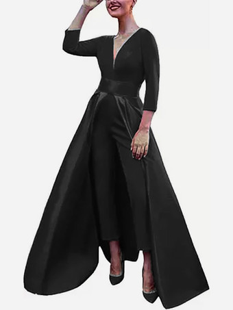 ブラックイブニングドレス Aライン Vネック サテン生地 マキシレングス リボン フォーマルパーティードレス