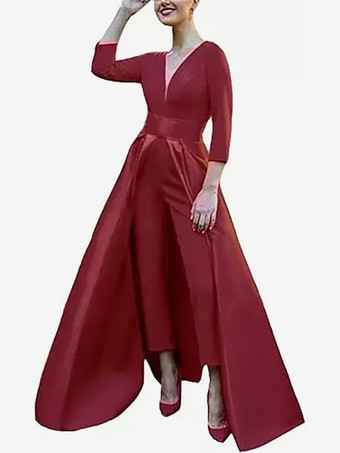 バーガンディーイブニングドレス Aライン Vネック サテン生地 マキシレングス リボン フォーマルパーティードレス