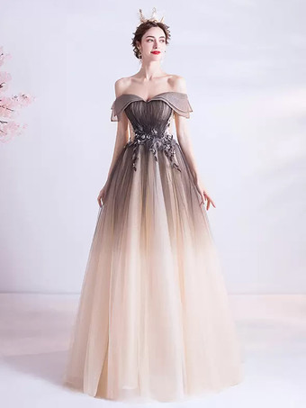 イブニングドレス Aライン バトーネック チュール マキシレングス ビーズ フォーマルディナードレス