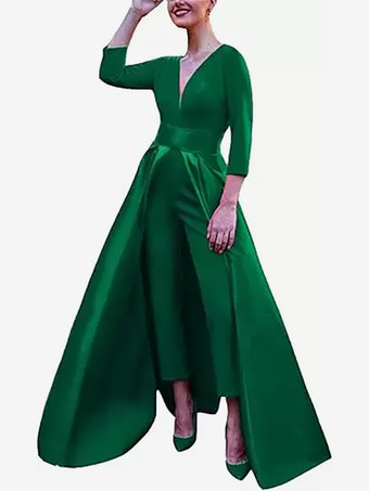 ダークグリーンイブニングドレス Aライン Vネック サテン生地 マキシレングス リボン フォーマルパーティードレス