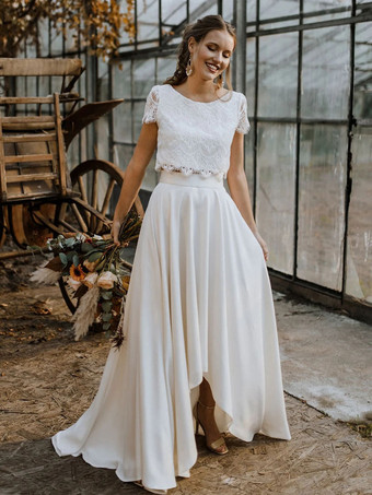 elfenbeinfarbeBrautkleid Zweiteiler Spitze V-Ausschnitt Kurzarm Standesamtkleid