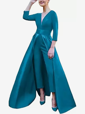 ティールイブニングドレス Aライン Vネック サテン生地 マキシレングス リボン フォーマルパーティードレス