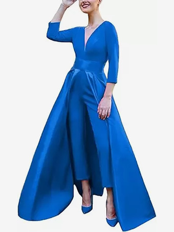 ブルーイブニングドレス Aライン Vネック サテン生地 マキシレングス リボン フォーマルパーティードレス