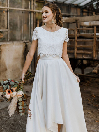 Brautkleid Zweiteiler Spitze V-Ausschnitt Kurzarm Standesamtkleid