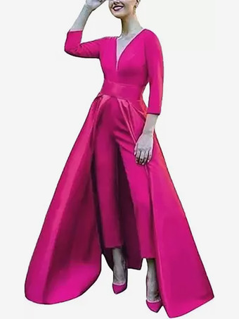 ホットピンクイブニングドレス Aライン Vネック サテン生地 マキシレングス リボン フォーマルパーティードレス