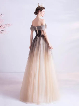 イブニングドレス Aライン バトーネック チュール マキシレングス ビーズ フォーマルディナードレス