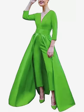 ライトグリーン イブニングドレス Aライン Vネック サテン生地 マキシレングス リボン フォーマルパーティードレス