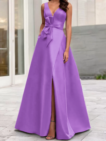 イブニングドレス Aライン Vネック サテン生地 フロアレングス リボン フォーマルディナードレス