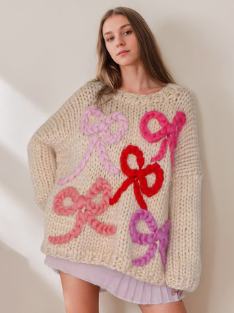 Apricot Women Pullover Sweater Apricot Bows Color Block Jewel Neck Long Sleeves Oversized Polyester Sweaters