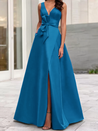 ブルーイブニングドレス Aライン Vネック サテン生地 フロアレングス リボン フォーマルディナードレス