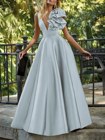 スカイブルー イブニングドレス ボールガウン Vネック フロア丈 ノースリーブ ジッパー 花柄 サテン生地 フォーマルパーティードレス